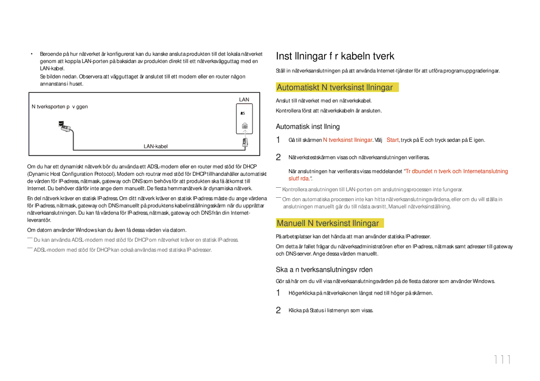 Samsung LH46MDCPLGC/EN, LH40MDCPLGC/EN manual 111, Inställningar för kabelnätverk, Automatiskt Nätverksinställningar 