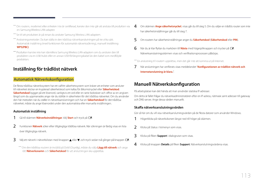 Samsung LH55MDCPLGC/EN 113, Inställning för trådlöst nätverk, Manuell Nätverkskonfiguration, Internetanslutning är klara 