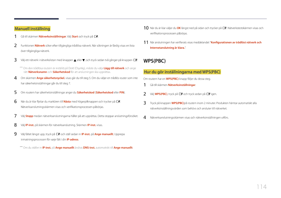 Samsung LH32MDCPLGC/EN, LH40MDCPLGC/EN, LH55MDCPLGC/EN manual 114, Manuell inställning, Hur du gör inställningarna med Wpspbc 