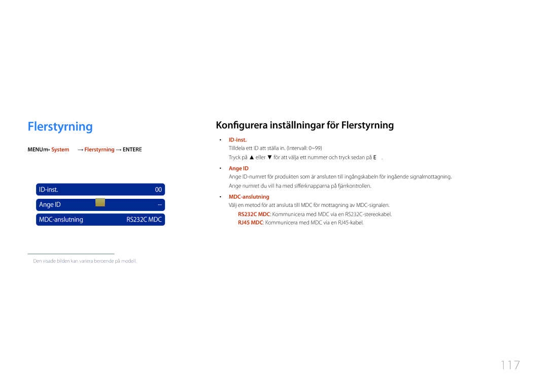 Samsung LH55MDCPLGC/EN, LH40MDCPLGC/EN 117, ID-inst Ange ID MDC-anslutning, MENUm → System → Flerstyrning → Entere 