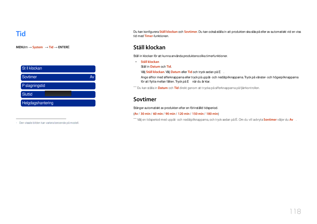 Samsung LH32MDCPLGC/EN, LH40MDCPLGC/EN, LH55MDCPLGC/EN, LH46MDCPLGC/EN manual Tid, 118, Ställ klockan, Sovtimer 