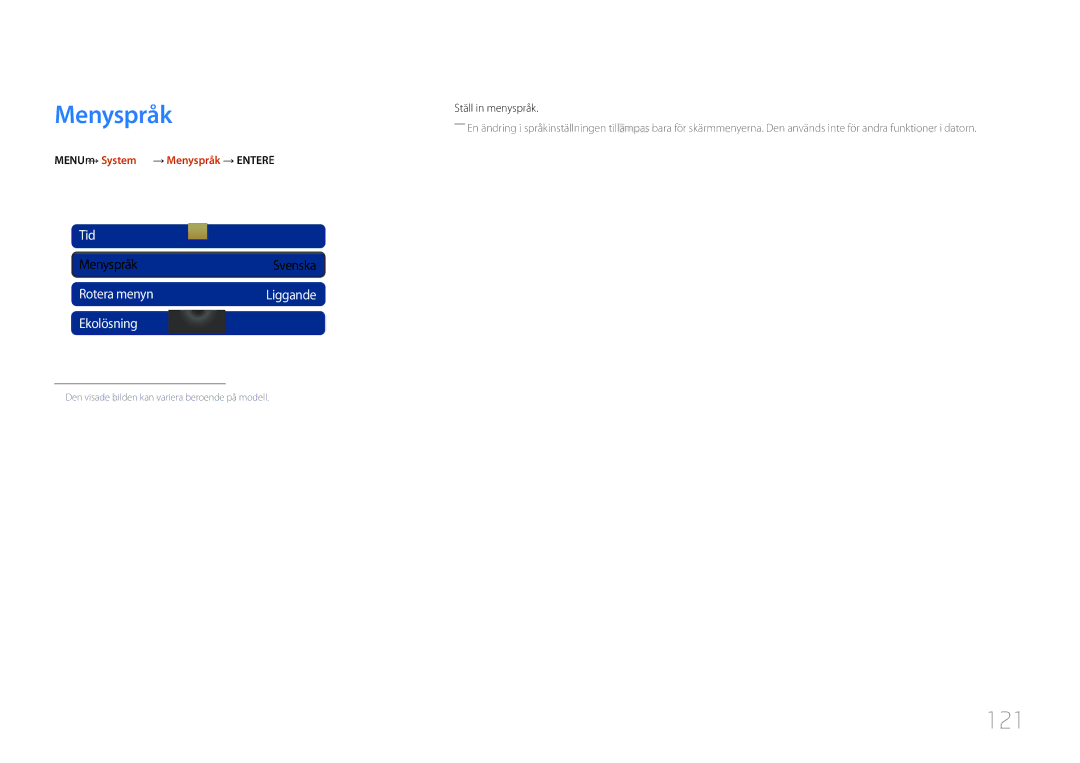 Samsung LH55MDCPLGC/EN, LH40MDCPLGC/EN, LH32MDCPLGC/EN, LH46MDCPLGC/EN manual Menyspråk, 121, Tid, Rotera menyn, Ekolösning 