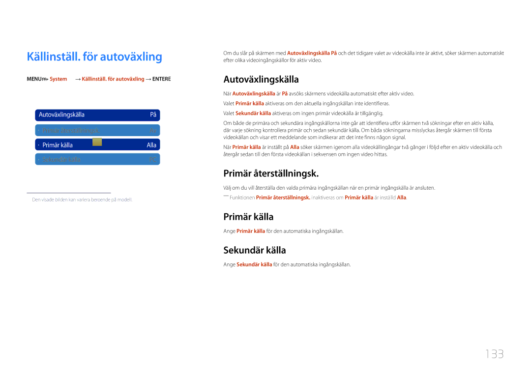 Samsung LH55MDCPLGC/EN, LH40MDCPLGC/EN, LH32MDCPLGC/EN, LH46MDCPLGC/EN manual Källinställ. för autoväxling, 133 