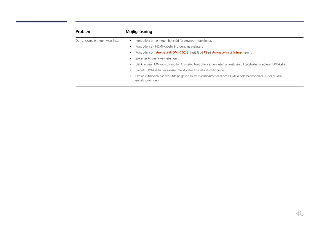 Samsung LH40MDCPLGC/EN, LH55MDCPLGC/EN, LH32MDCPLGC/EN, LH46MDCPLGC/EN manual 140, Problem 