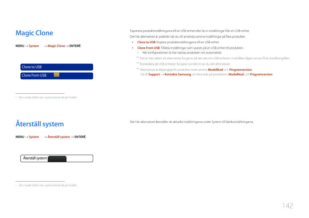 Samsung LH32MDCPLGC/EN, LH40MDCPLGC/EN, LH55MDCPLGC/EN manual Magic Clone, Återställ system, 142, Clone to USB Clone From USB 