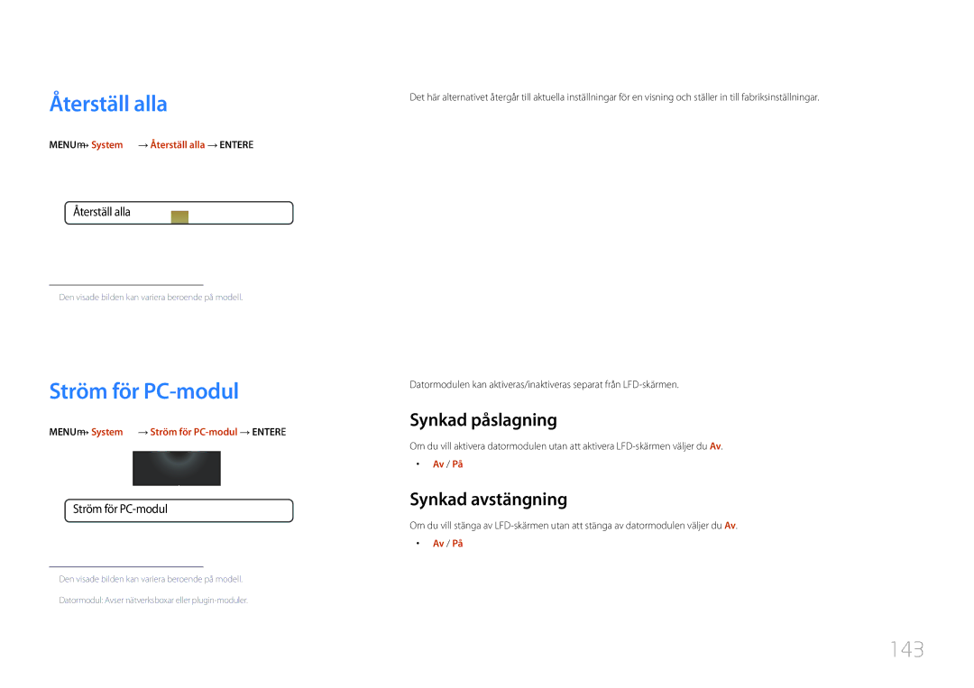 Samsung LH46MDCPLGC/EN, LH40MDCPLGC/EN manual Återställ alla, Ström för PC-modul, 143, Synkad påslagning, Synkad avstängning 