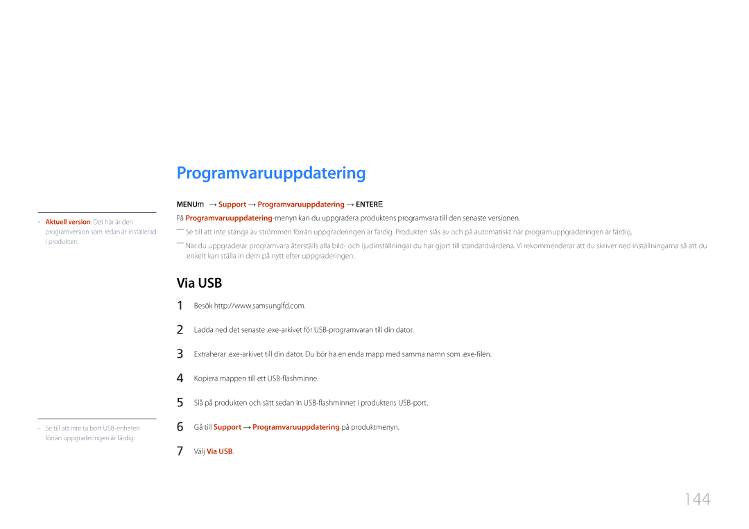 Samsung LH40MDCPLGC/EN, LH55MDCPLGC/EN, LH32MDCPLGC/EN, LH46MDCPLGC/EN manual Support, Programvaruuppdatering, 144, Via USB 