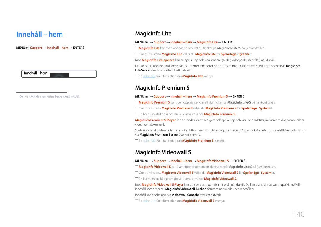 Samsung LH32MDCPLGC/EN, LH40MDCPLGC/EN manual Innehåll hem, 146, MagicInfo Lite, MagicInfo Premium S, MagicInfo Videowall S 