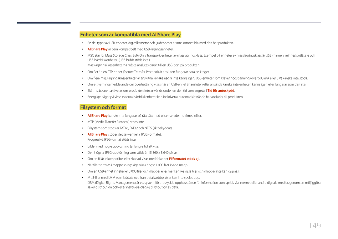 Samsung LH55MDCPLGC/EN, LH40MDCPLGC/EN manual 149, Enheter som är kompatibla med AllShare Play, Filsystem och format 