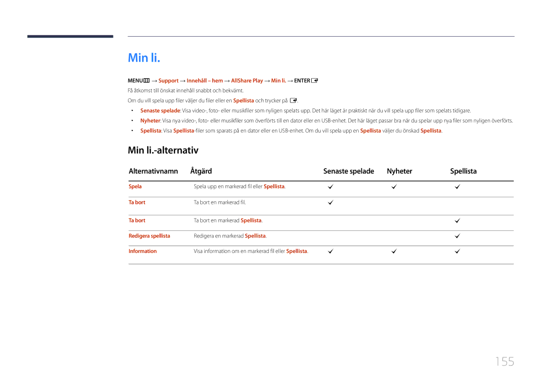 Samsung LH46MDCPLGC/EN manual 155, Min li.-alternativ, Alternativnamn Åtgärd Senaste spelade Nyheter Spellista 