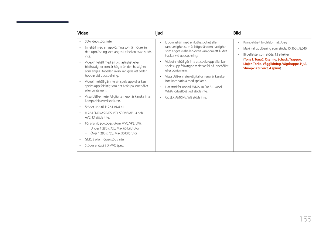 Samsung LH32MDCPLGC/EN, LH40MDCPLGC/EN manual 166, Video Ljud, GMC 2 eller högre stöds inte Stöder endast BD MVC Spec 