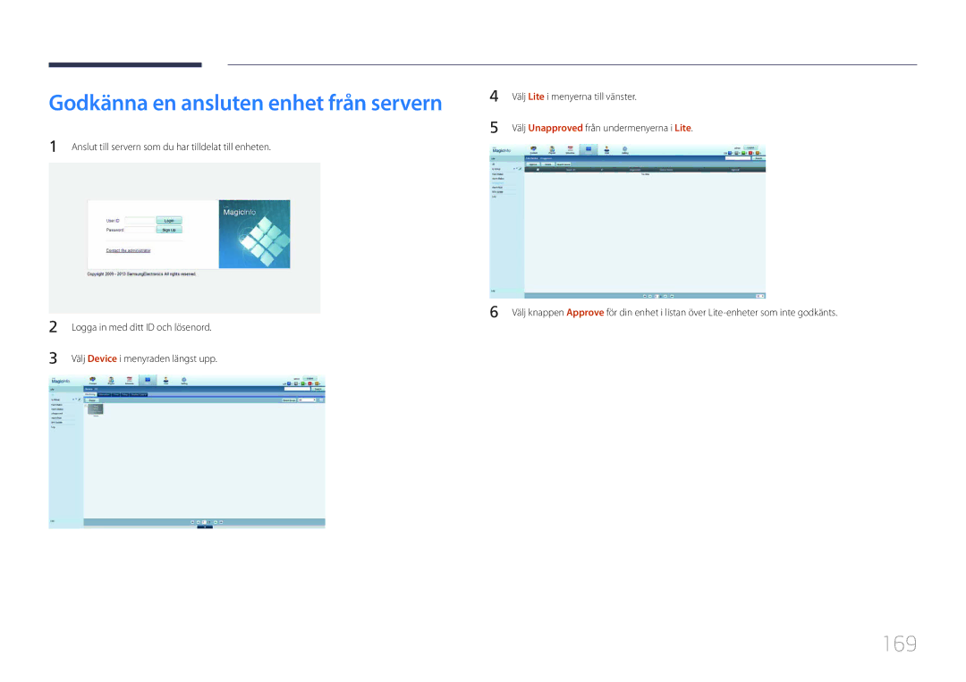 Samsung LH55MDCPLGC/EN, LH40MDCPLGC/EN, LH32MDCPLGC/EN, LH46MDCPLGC/EN manual Godkänna en ansluten enhet från servern, 169 