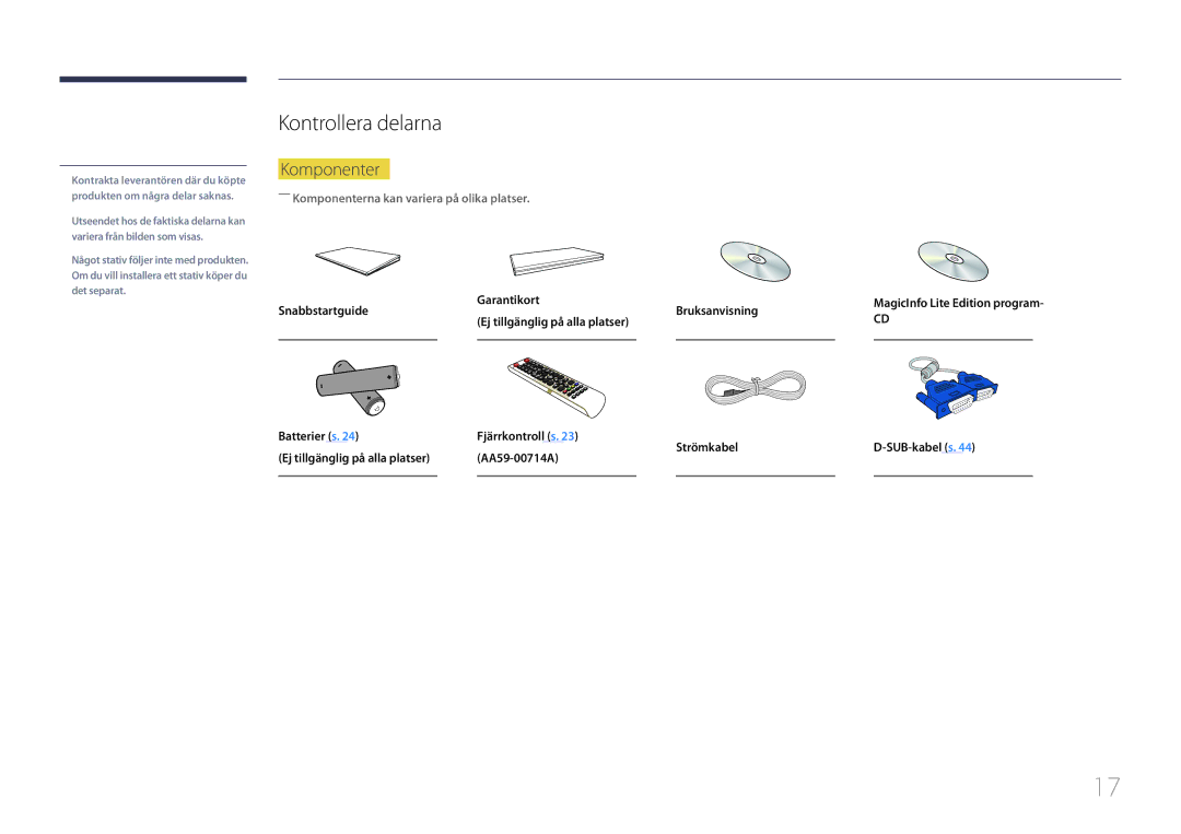 Samsung LH55MDCPLGC/EN, LH40MDCPLGC/EN, LH32MDCPLGC/EN manual Kontrollera delarna, Komponenter, Snabbstartguide Garantikort 