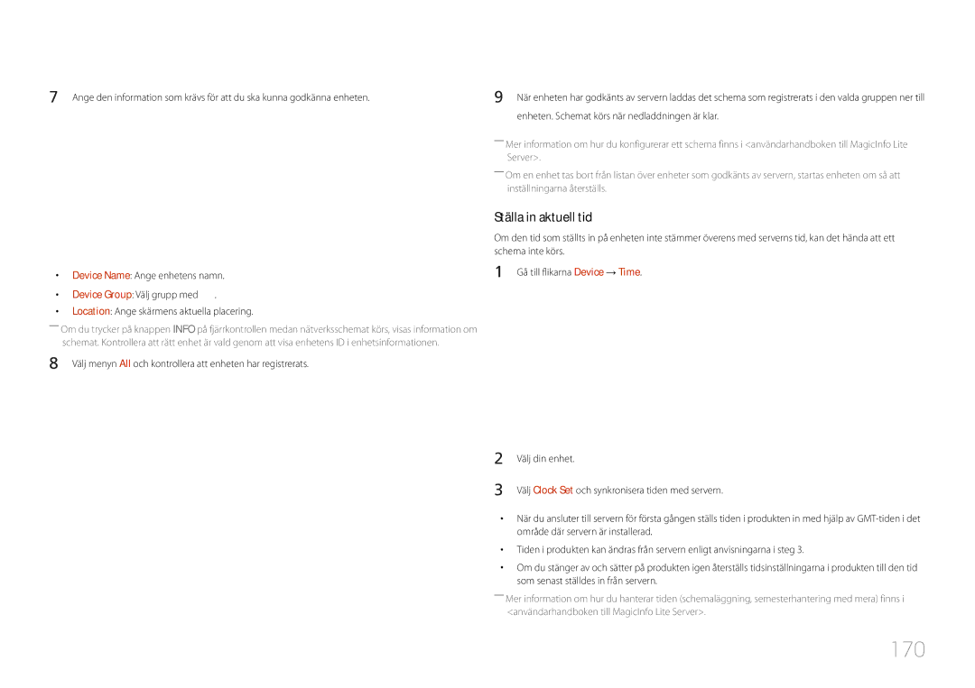 Samsung LH32MDCPLGC/EN, LH40MDCPLGC/EN, LH55MDCPLGC/EN, LH46MDCPLGC/EN manual 170, Ställa in aktuell tid 