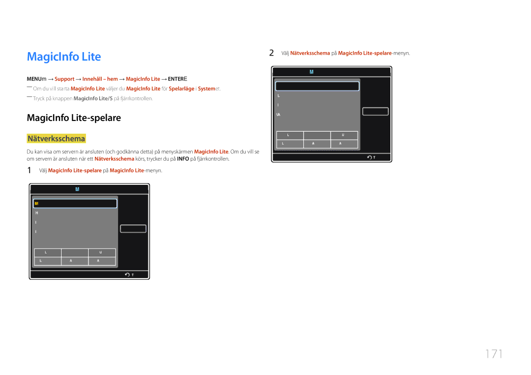 Samsung LH46MDCPLGC/EN, LH40MDCPLGC/EN, LH55MDCPLGC/EN, LH32MDCPLGC/EN manual 171, MagicInfo Lite-spelare, Nätverksschema 