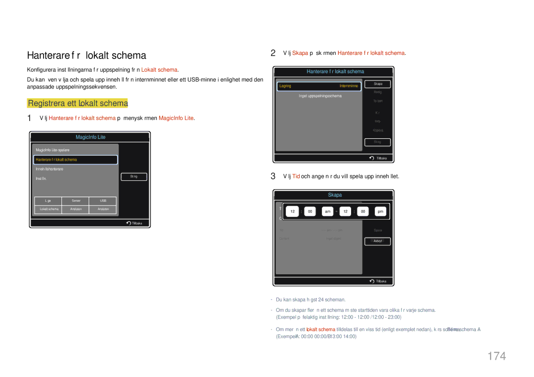 Samsung LH32MDCPLGC/EN, LH40MDCPLGC/EN, LH55MDCPLGC/EN manual 174, Hanterare för lokalt schema, Registrera ett Lokalt schema 