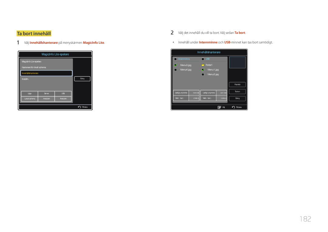 Samsung LH32MDCPLGC/EN, LH40MDCPLGC/EN, LH55MDCPLGC/EN, LH46MDCPLGC/EN manual 182, Ta bort innehåll 