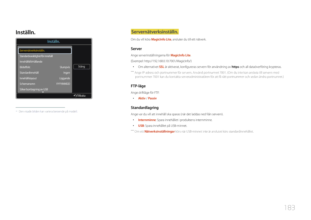 Samsung LH46MDCPLGC/EN, LH40MDCPLGC/EN manual 183, Inställn, Servernätverksinställn, Ange driftläge för FTP, Aktiv / Passiv 