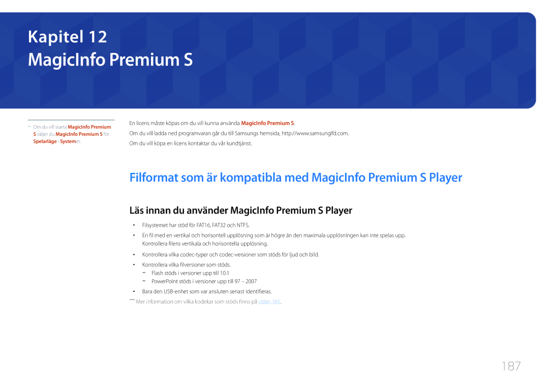 Samsung LH46MDCPLGC/EN, LH40MDCPLGC/EN, LH55MDCPLGC/EN Filformat som är kompatibla med MagicInfo Premium S Player, 187 