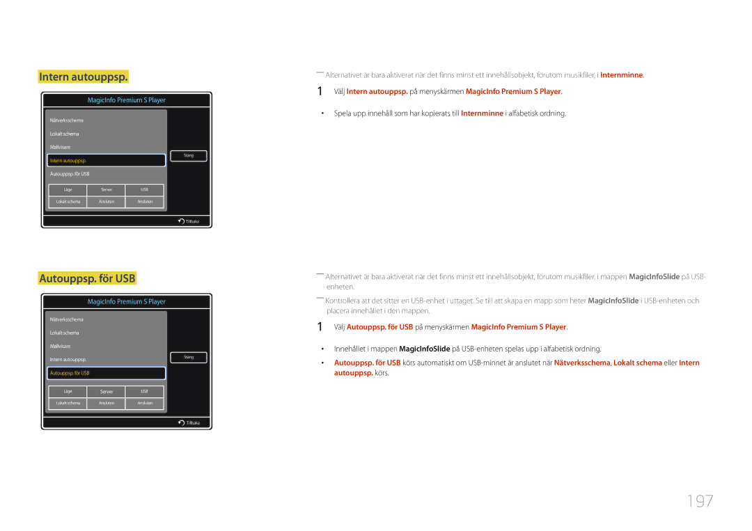 Samsung LH55MDCPLGC/EN, LH40MDCPLGC/EN, LH32MDCPLGC/EN, LH46MDCPLGC/EN manual 197, Intern autouppsp 