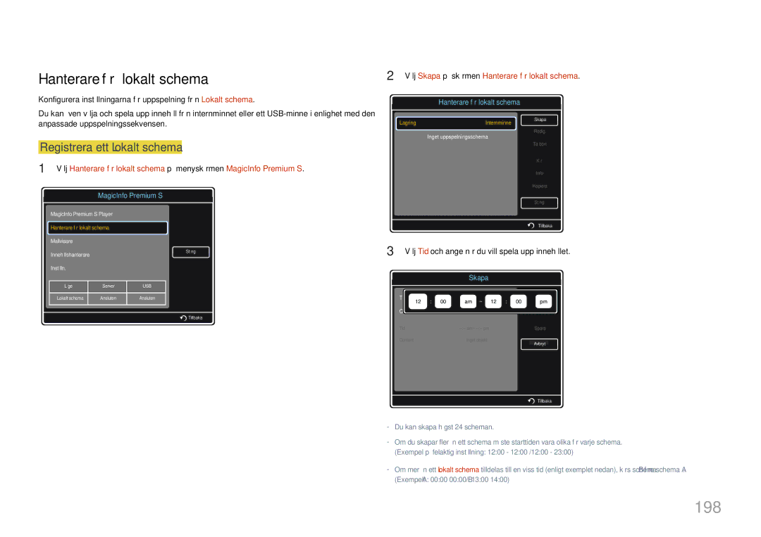 Samsung LH32MDCPLGC/EN, LH40MDCPLGC/EN, LH55MDCPLGC/EN, LH46MDCPLGC/EN manual 198, Hanterare för lokalt schema 