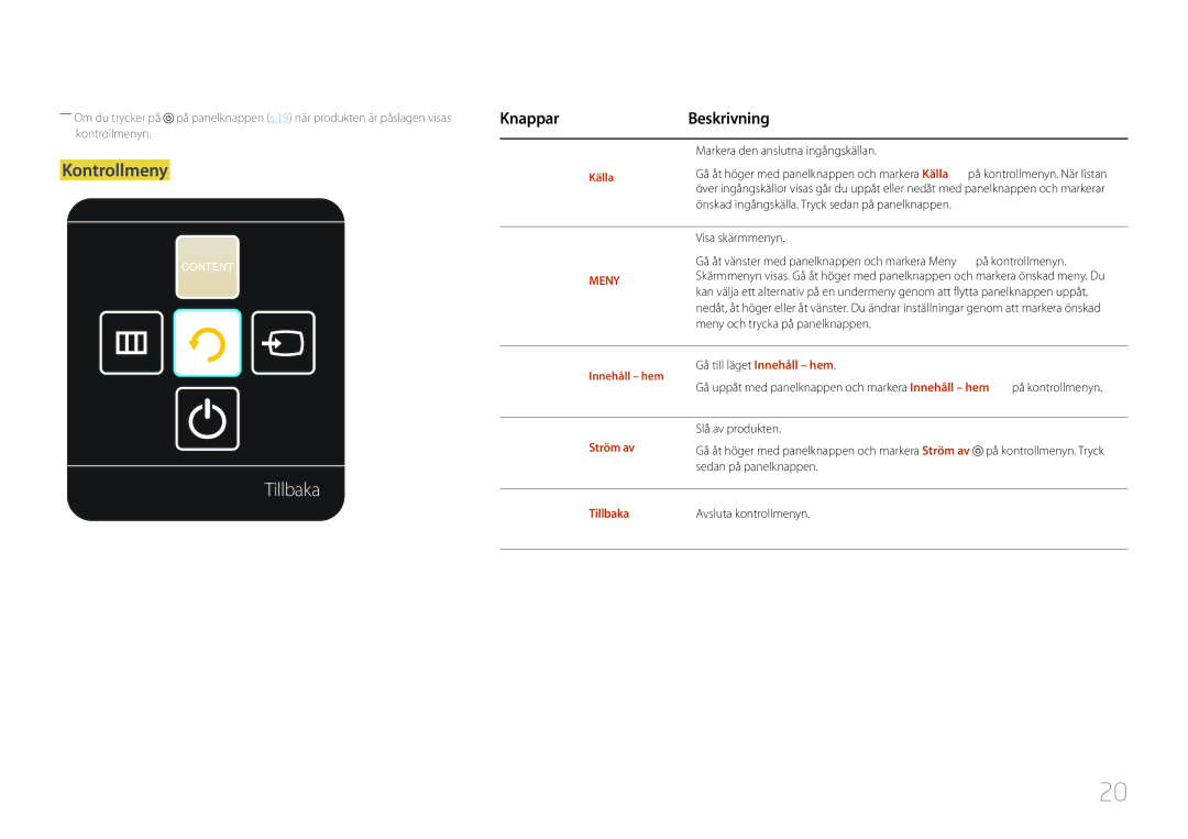 Samsung LH40MDCPLGC/EN, LH55MDCPLGC/EN, LH32MDCPLGC/EN, LH46MDCPLGC/EN manual Kontrollmeny, Ström av, Tillbaka 