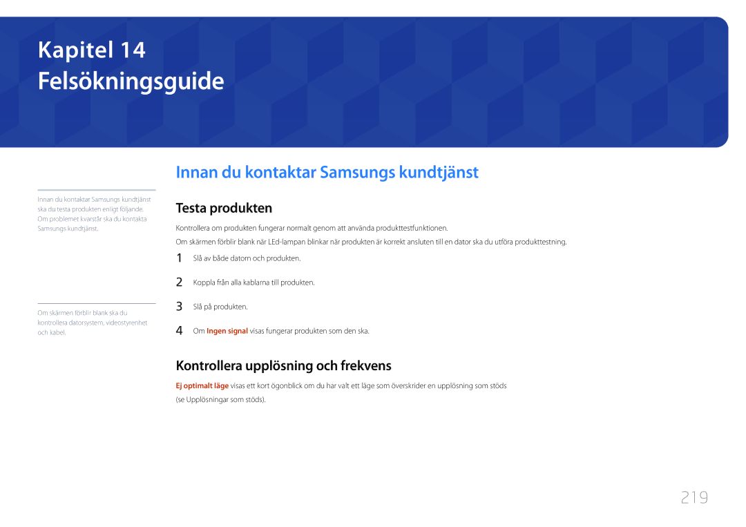 Samsung LH46MDCPLGC/EN, LH40MDCPLGC/EN manual Felsökningsguide, Innan du kontaktar Samsungs kundtjänst, 219, Testa produkten 