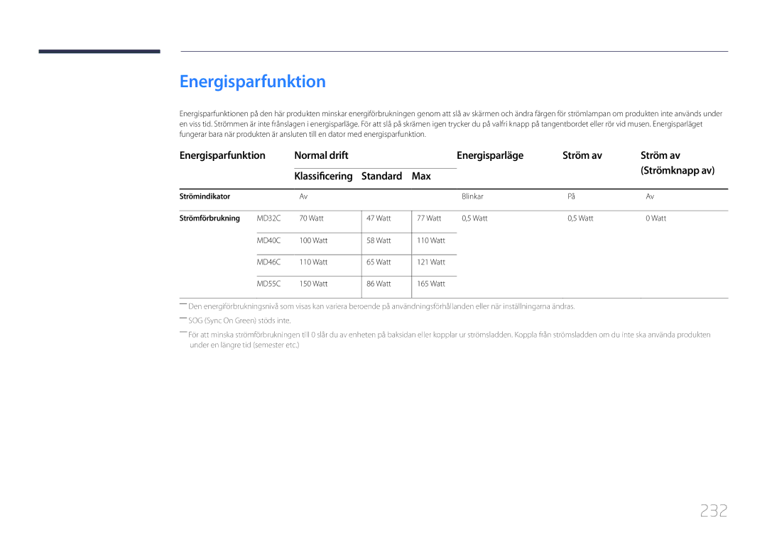 Samsung LH40MDCPLGC/EN, LH55MDCPLGC/EN manual Energisparfunktion, 232, Standard Max, Strömindikator, Strömförbrukning 