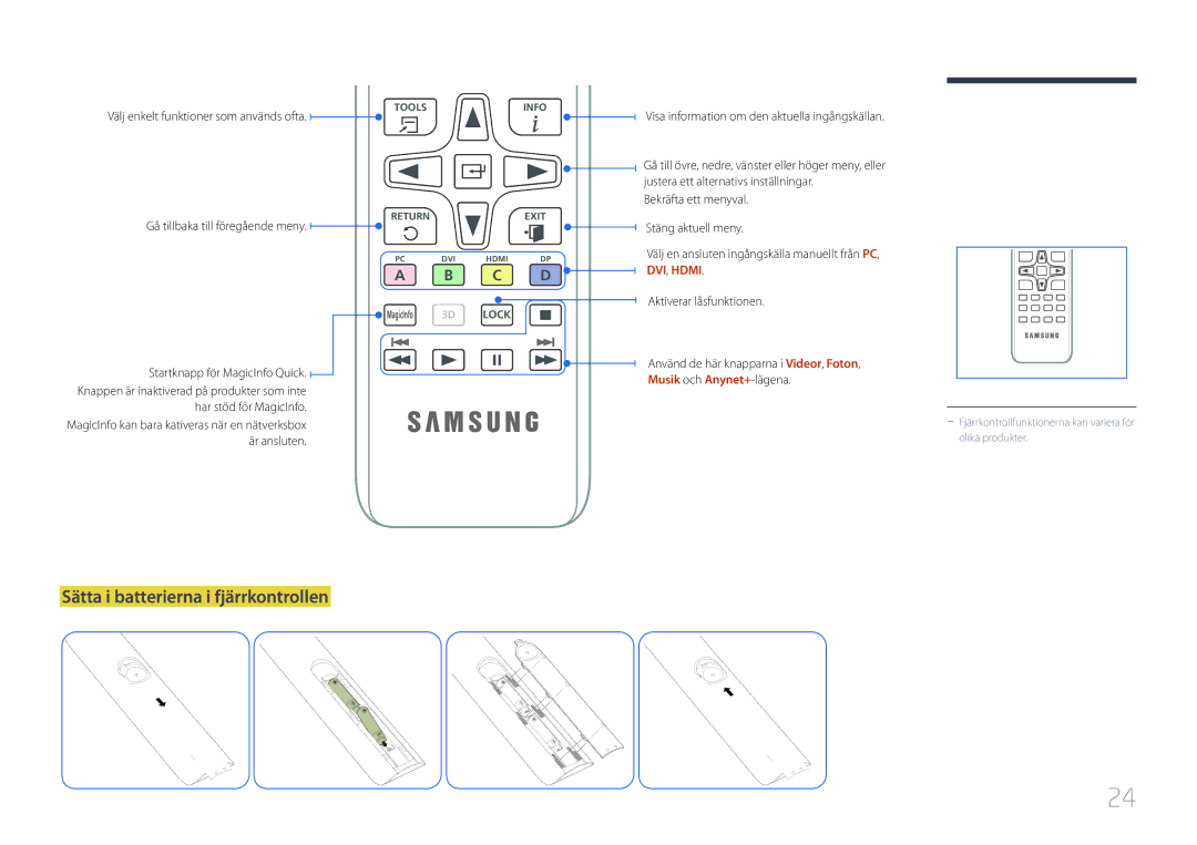 Samsung LH40MDCPLGC/EN, LH55MDCPLGC/EN manual Sätta i batterierna i fjärrkontrollen, Välj enkelt funktioner som används ofta 