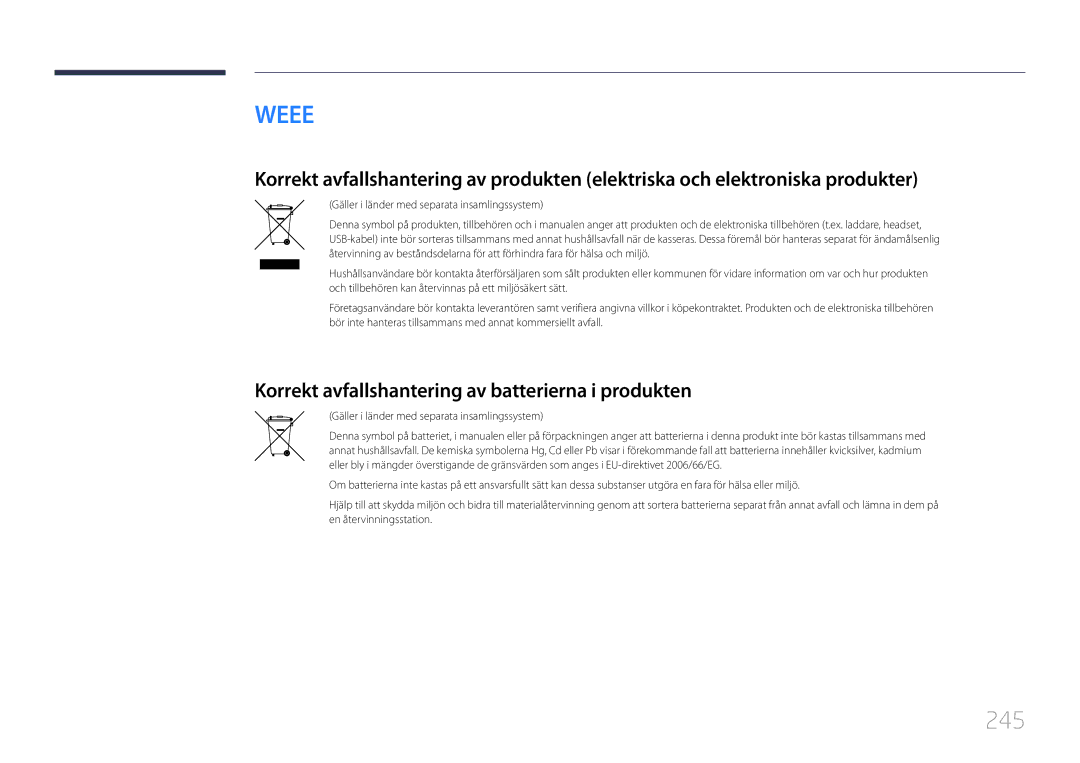 Samsung LH55MDCPLGC/EN, LH40MDCPLGC/EN, LH32MDCPLGC/EN manual 245, Korrekt avfallshantering av batterierna i produkten 