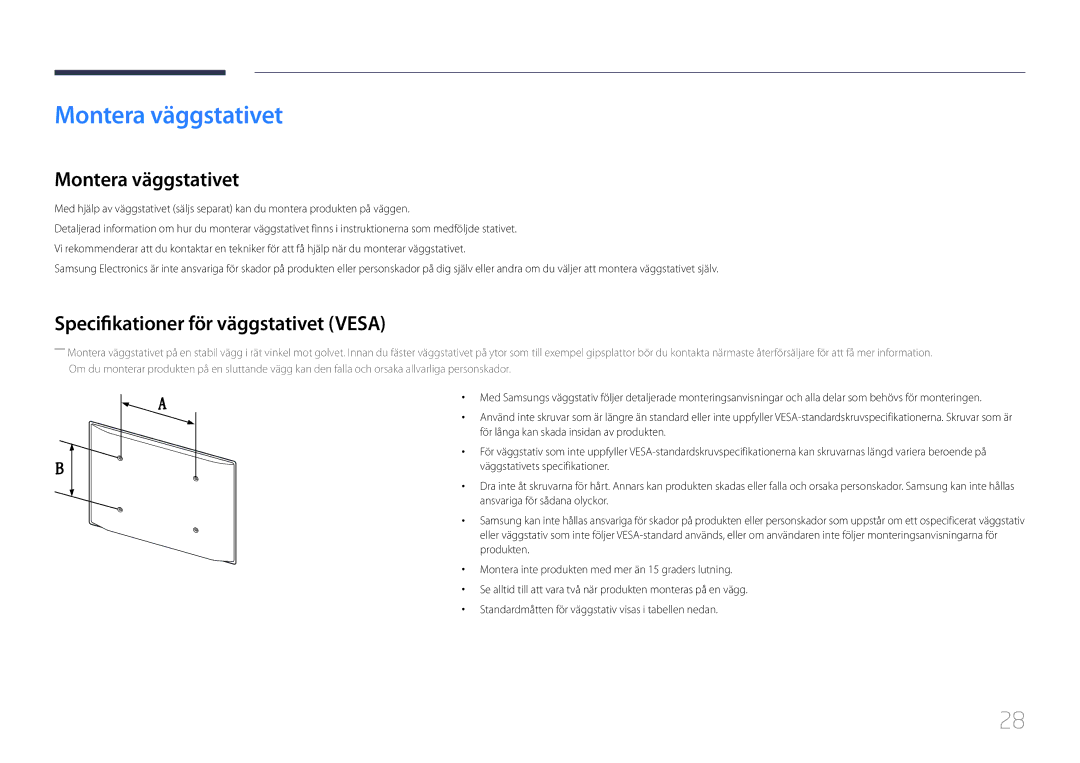 Samsung LH40MDCPLGC/EN, LH55MDCPLGC/EN, LH32MDCPLGC/EN manual Montera väggstativet, Specifikationer för väggstativet Vesa 