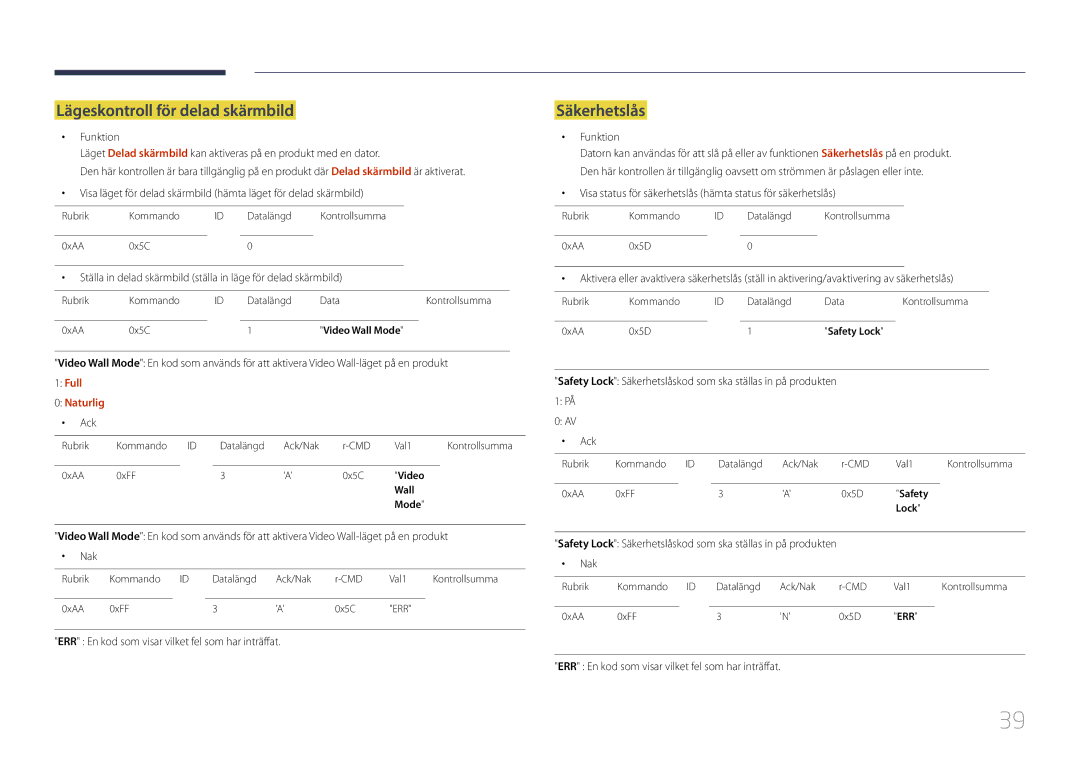 Samsung LH46MDCPLGC/EN, LH40MDCPLGC/EN, LH55MDCPLGC/EN manual Lägeskontroll för delad skärmbild, Säkerhetslås, Full Naturlig 