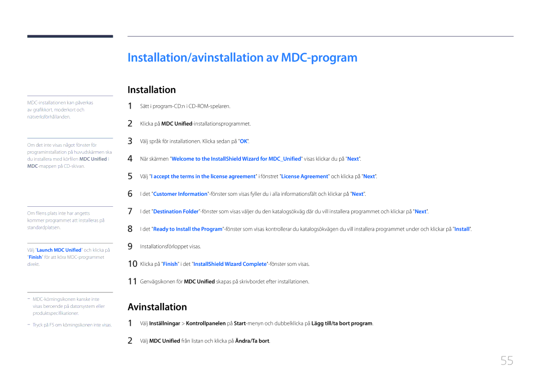 Samsung LH46MDCPLGC/EN, LH40MDCPLGC/EN, LH55MDCPLGC/EN manual Installation/avinstallation av MDC-program, Avinstallation 
