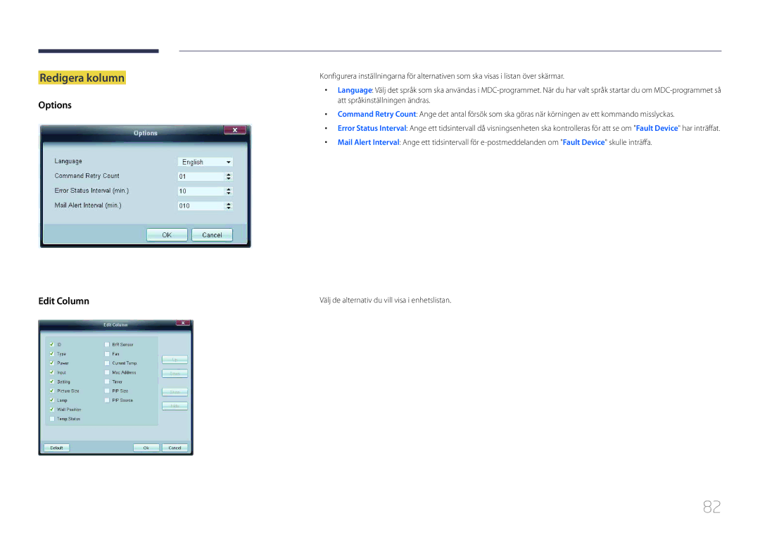 Samsung LH32MDCPLGC/EN, LH40MDCPLGC/EN, LH55MDCPLGC/EN, LH46MDCPLGC/EN manual Redigera kolumn, Options Edit Column 