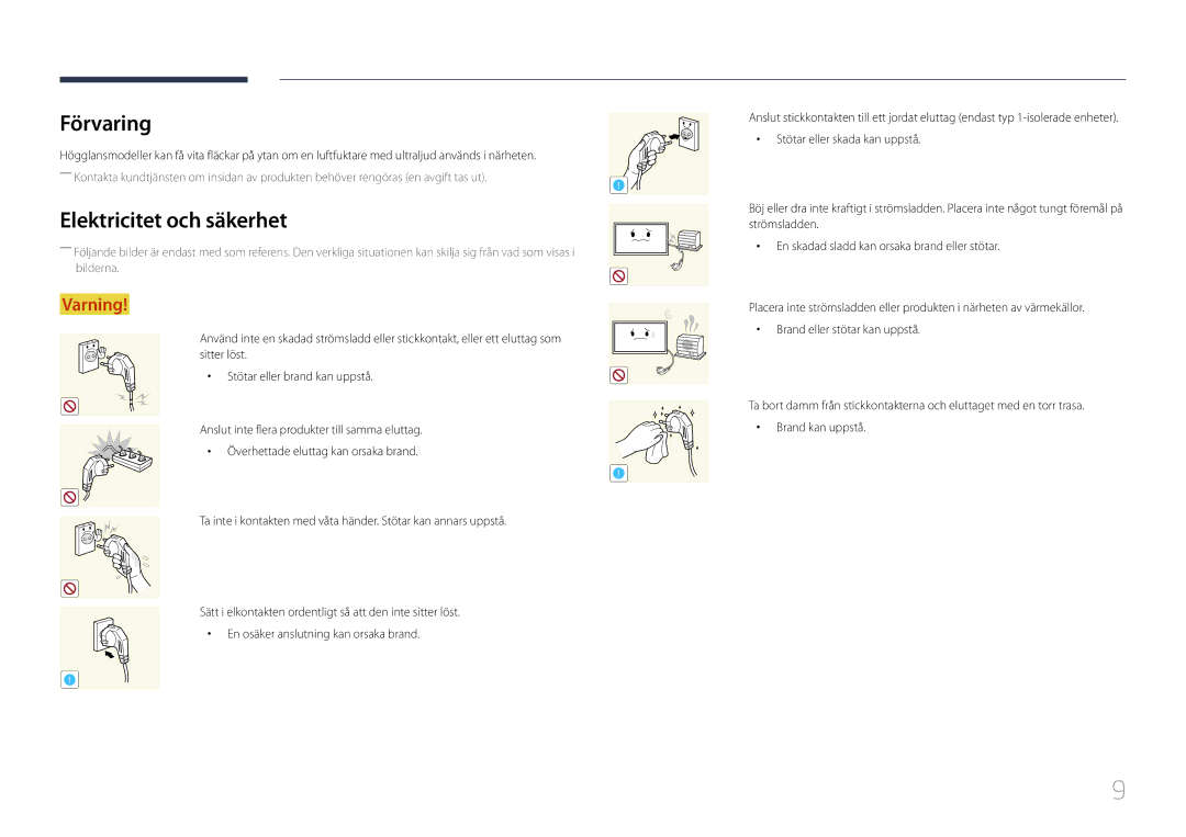 Samsung LH55MDCPLGC/EN, LH40MDCPLGC/EN, LH32MDCPLGC/EN, LH46MDCPLGC/EN manual Förvaring, Elektricitet och säkerhet 