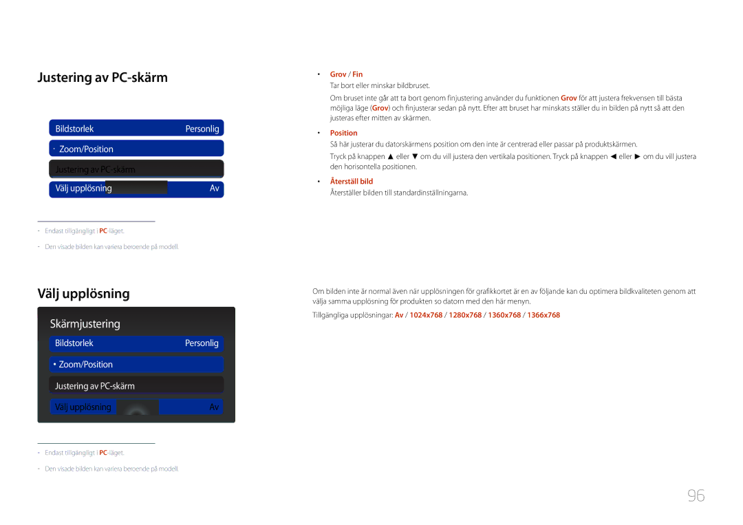 Samsung LH40MDCPLGC/EN, LH55MDCPLGC/EN manual Justering av PC-skärm, Välj upplösning, BildstorlekPersonlig · Zoom/Position 