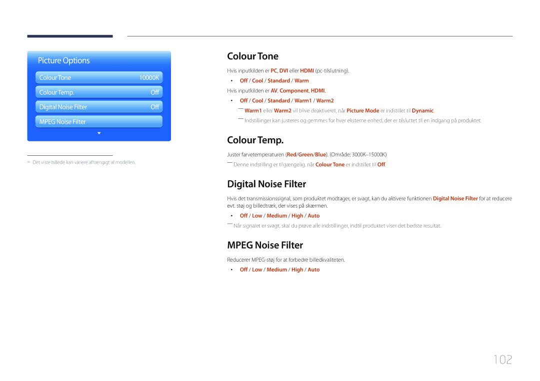 Samsung LH32MDCPLGC/EN, LH40MDCPLGC/EN manual 102, Colour Tone, Colour Temp, Digital Noise Filter, Mpeg Noise Filter 