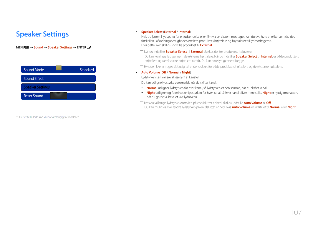 Samsung LH46MDCPLGC/EN, LH40MDCPLGC/EN, LH55MDCPLGC/EN, LH32MDCPLGC/EN manual Speaker Settings, 107, Sound Effect 