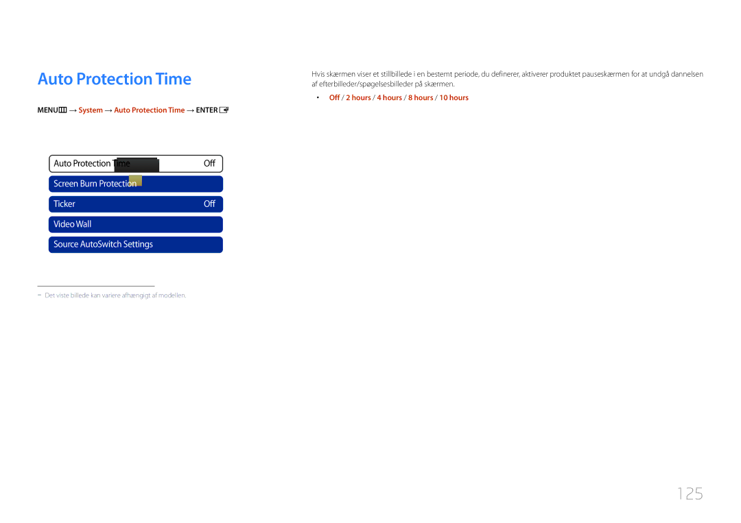 Samsung LH55MDCPLGC/EN, LH40MDCPLGC/EN, LH32MDCPLGC/EN Auto Protection Time, 125, Video Wall Source AutoSwitch Settings 