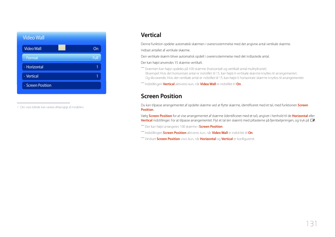 Samsung LH46MDCPLGC/EN, LH40MDCPLGC/EN, LH55MDCPLGC/EN, LH32MDCPLGC/EN manual 131, Vertical, Screen Position 