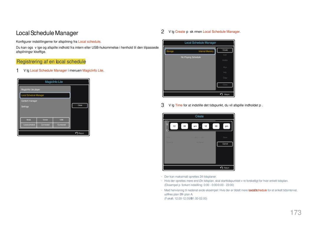 Samsung LH55MDCPLGC/EN, LH40MDCPLGC/EN, LH32MDCPLGC/EN manual 173, Local Schedule Manager, Registrering af en Local schedule 