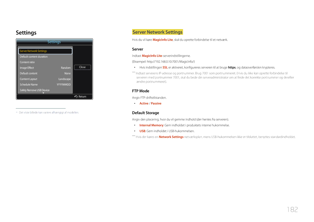 Samsung LH32MDCPLGC/EN, LH40MDCPLGC/EN manual 182, Server Network Settings, Angiv FTP-driftstilstanden, Active / Passive 