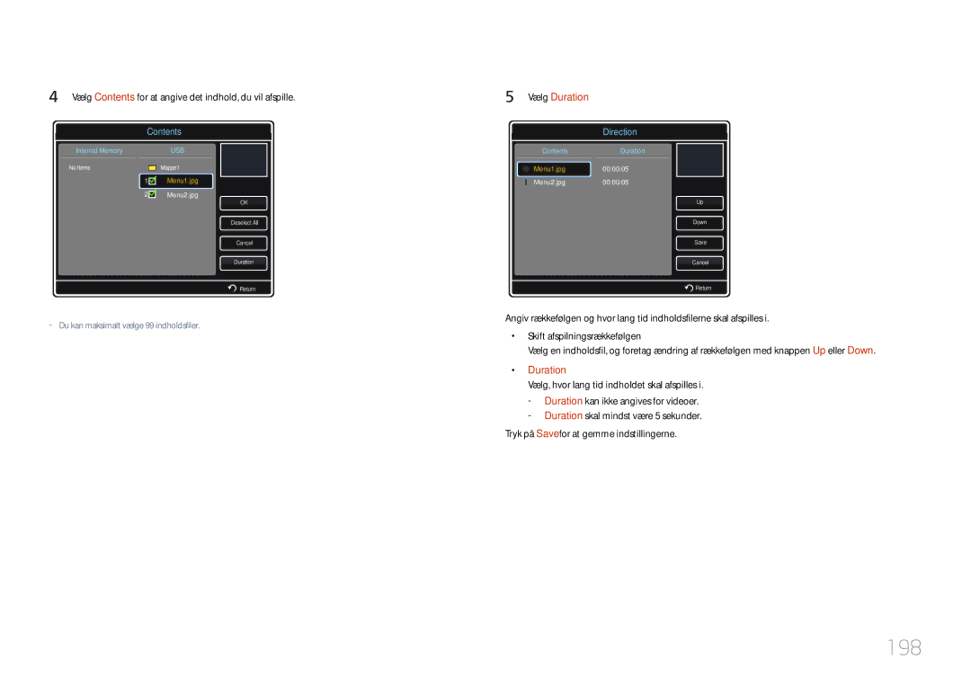 Samsung LH32MDCPLGC/EN, LH40MDCPLGC/EN, LH55MDCPLGC/EN manual 198, Vælg Contents for at angive det indhold, du vil afspille 