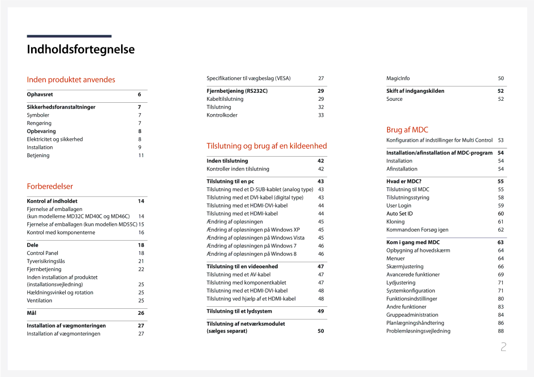 Samsung LH32MDCPLGC/EN, LH40MDCPLGC/EN, LH55MDCPLGC/EN, LH46MDCPLGC/EN manual Indholdsfortegnelse 