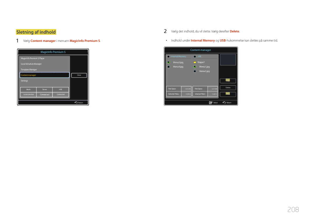 Samsung LH40MDCPLGC/EN, LH55MDCPLGC/EN, LH32MDCPLGC/EN, LH46MDCPLGC/EN manual 208, Sletning af indhold 