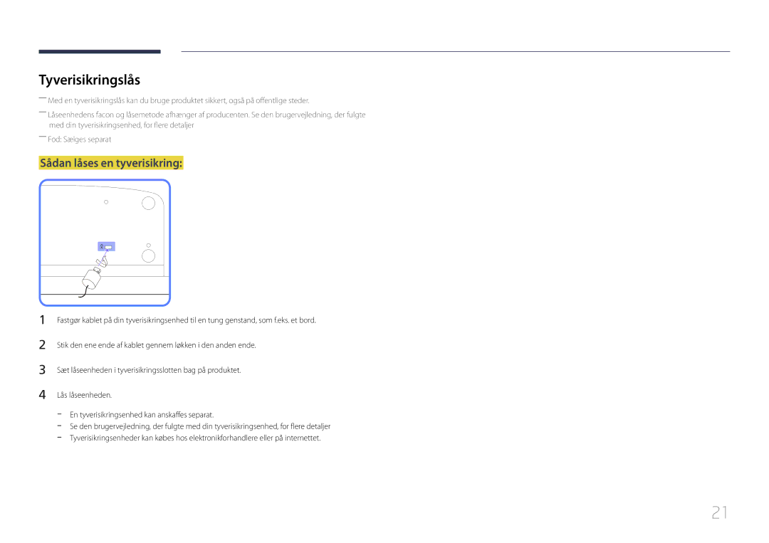 Samsung LH55MDCPLGC/EN, LH40MDCPLGC/EN, LH32MDCPLGC/EN, LH46MDCPLGC/EN manual Tyverisikringslås, Sådan låses en tyverisikring 