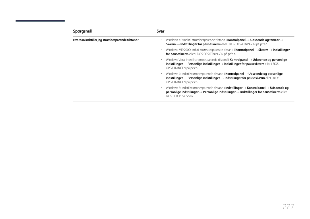 Samsung LH46MDCPLGC/EN, LH40MDCPLGC/EN manual 227, Spørgsmål, Svar, Hvordan indstiller jeg strømbesparende tilstand? 