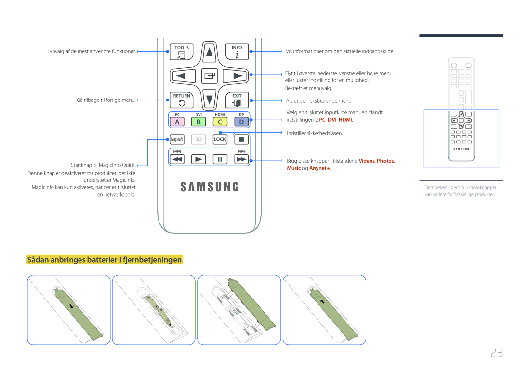 Samsung LH46MDCPLGC/EN manual Sådan anbringes batterier i fjernbetjeningen, Lynvalg af de mest anvendte funktioner 