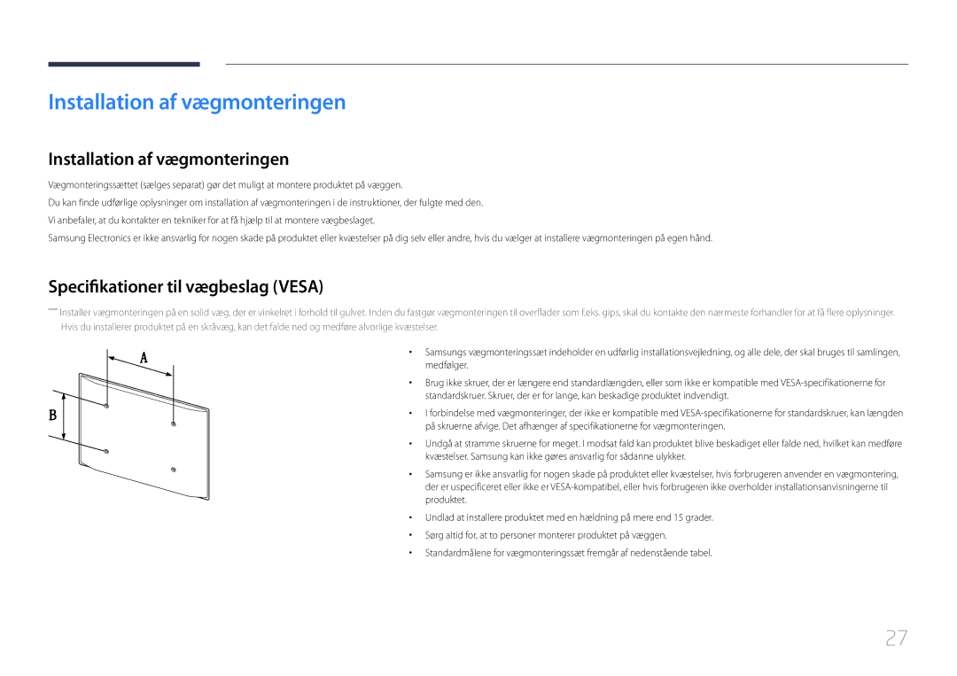 Samsung LH46MDCPLGC/EN, LH40MDCPLGC/EN, LH55MDCPLGC/EN Installation af vægmonteringen, Specifikationer til vægbeslag Vesa 