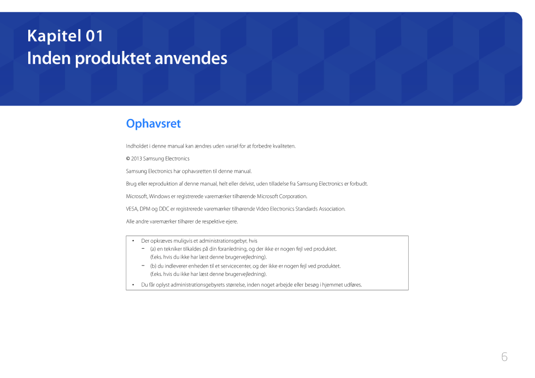 Samsung LH32MDCPLGC/EN, LH40MDCPLGC/EN, LH55MDCPLGC/EN, LH46MDCPLGC/EN manual Inden produktet anvendes, Ophavsret 